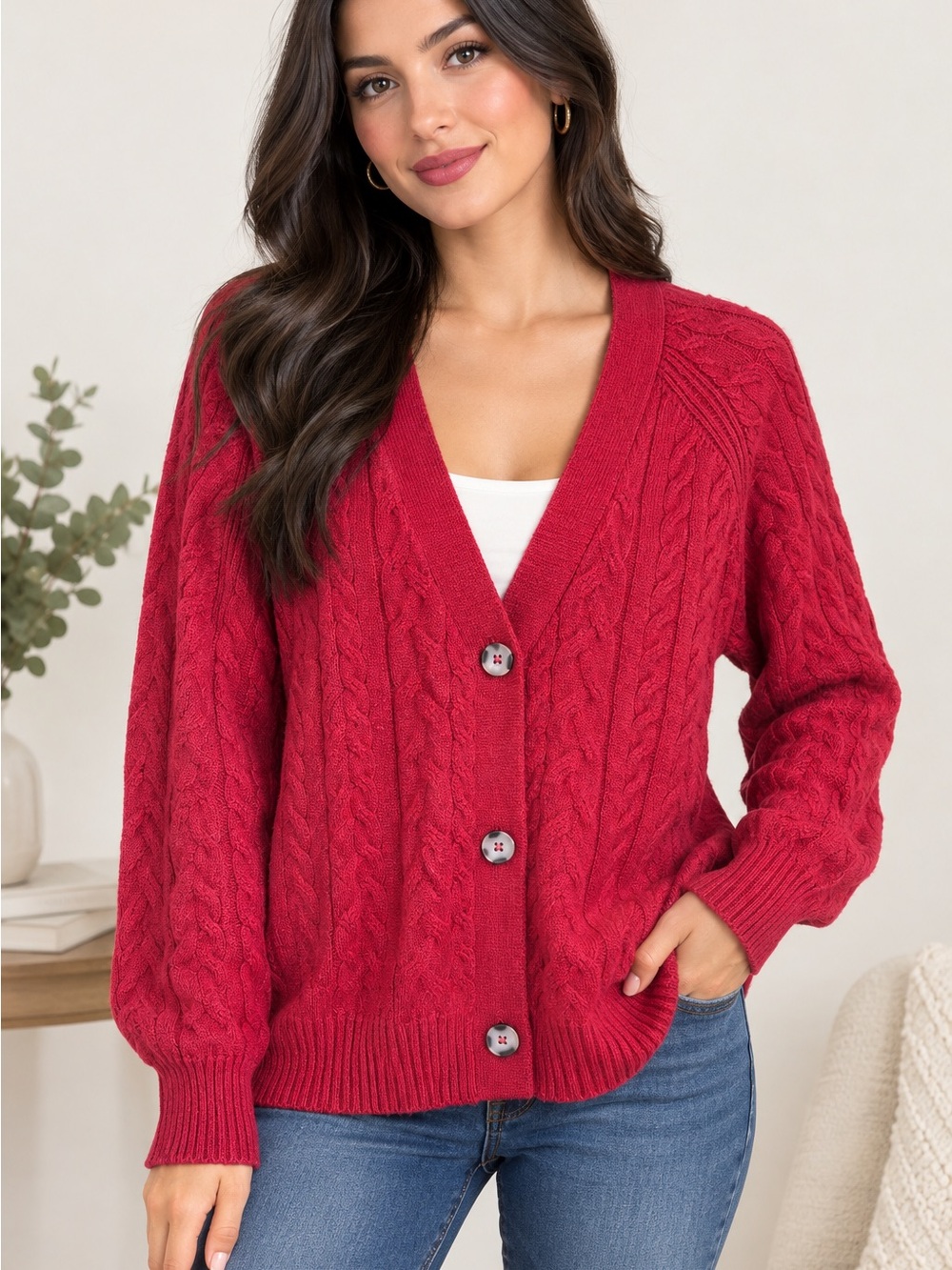 Cyrus Deep Red Cable-Knit Button Cardigan